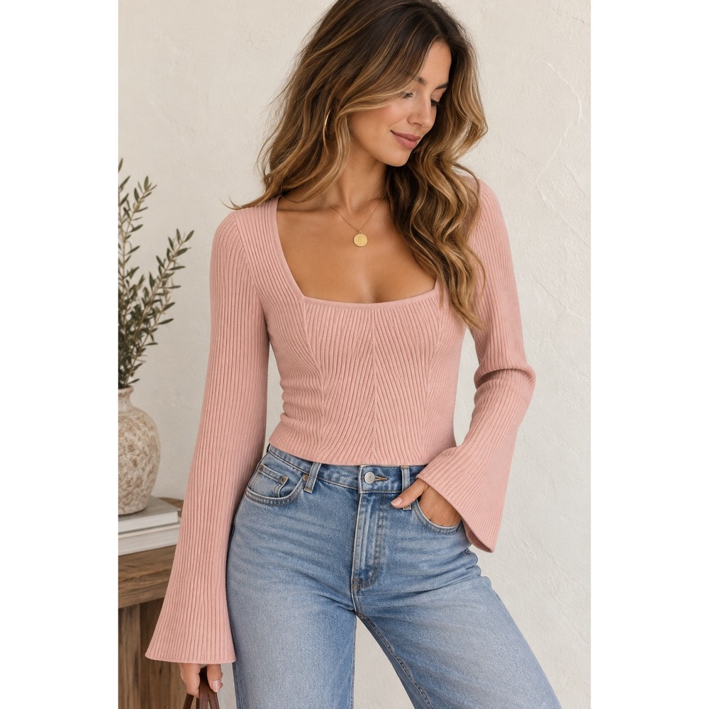 Hollister Pink Ribbed Square Neck Flare Sleeve Top L
